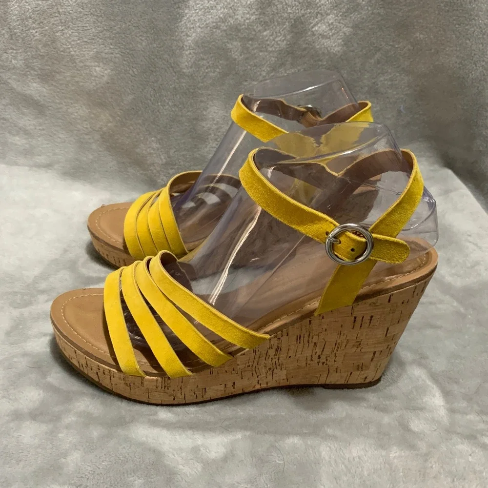 Franco Sarto‎ Crisania Yellow Suede Cork Wedge Sandals Womens 9 Platform Strappy